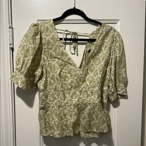 J. Crew Green and Cream Puff Sleeve Peplum Blouse